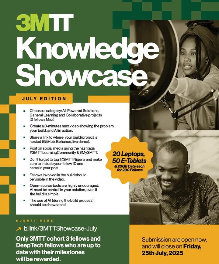 Call For Applications: 3MTT Knowledge Showcase Competition – July Edition | Win a Laptop or 5G Mi-Fi Router
